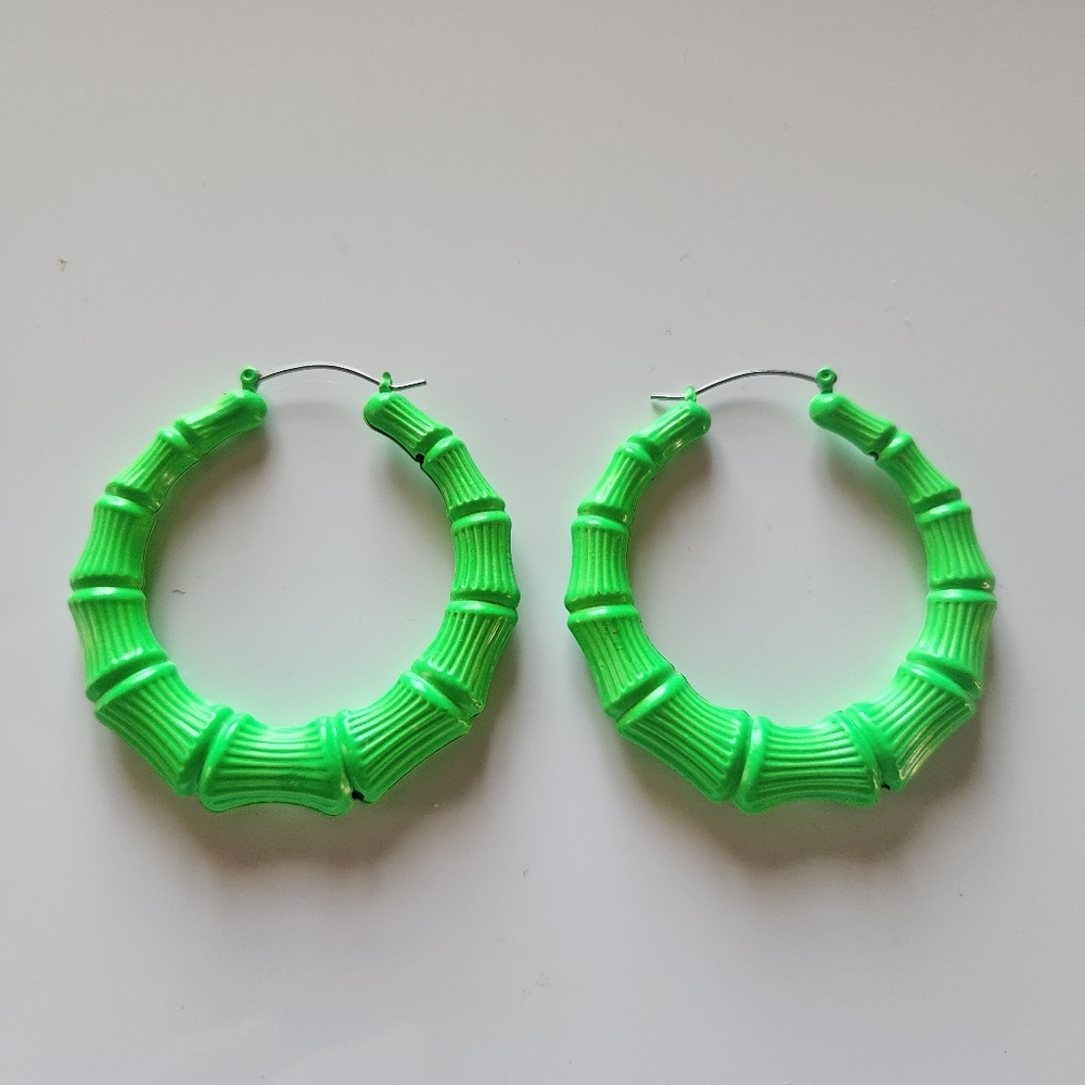 Neon Green Latge Hoop Bamboo Earrings